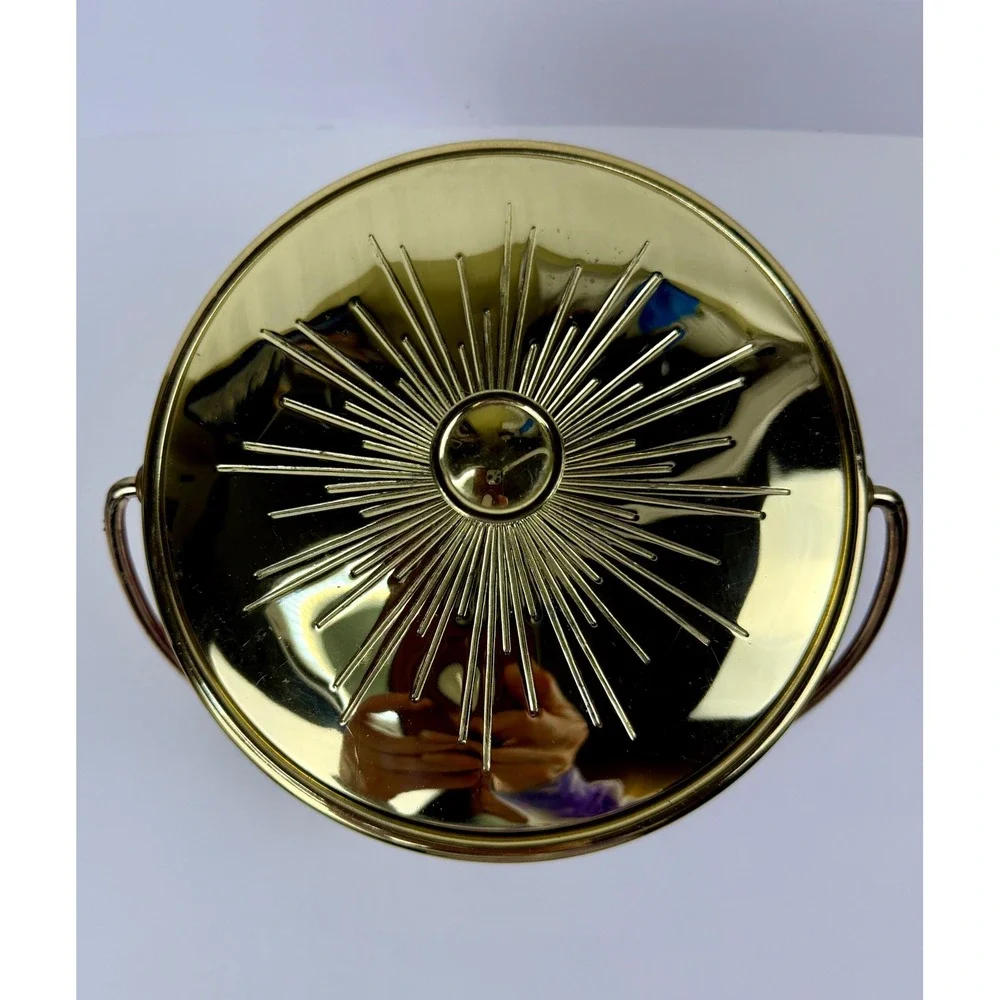 Vintage MCM Ice Bucket Faux Alligator Gold Sunburst Lid with Brass Tongs Japan